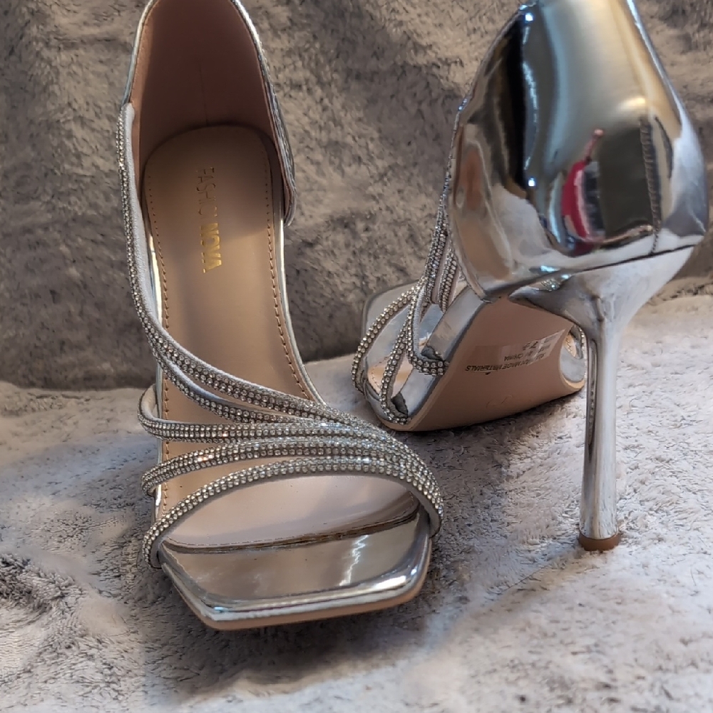 Fashion Nova Silver Rhinestone Strappy Stiletto Heels